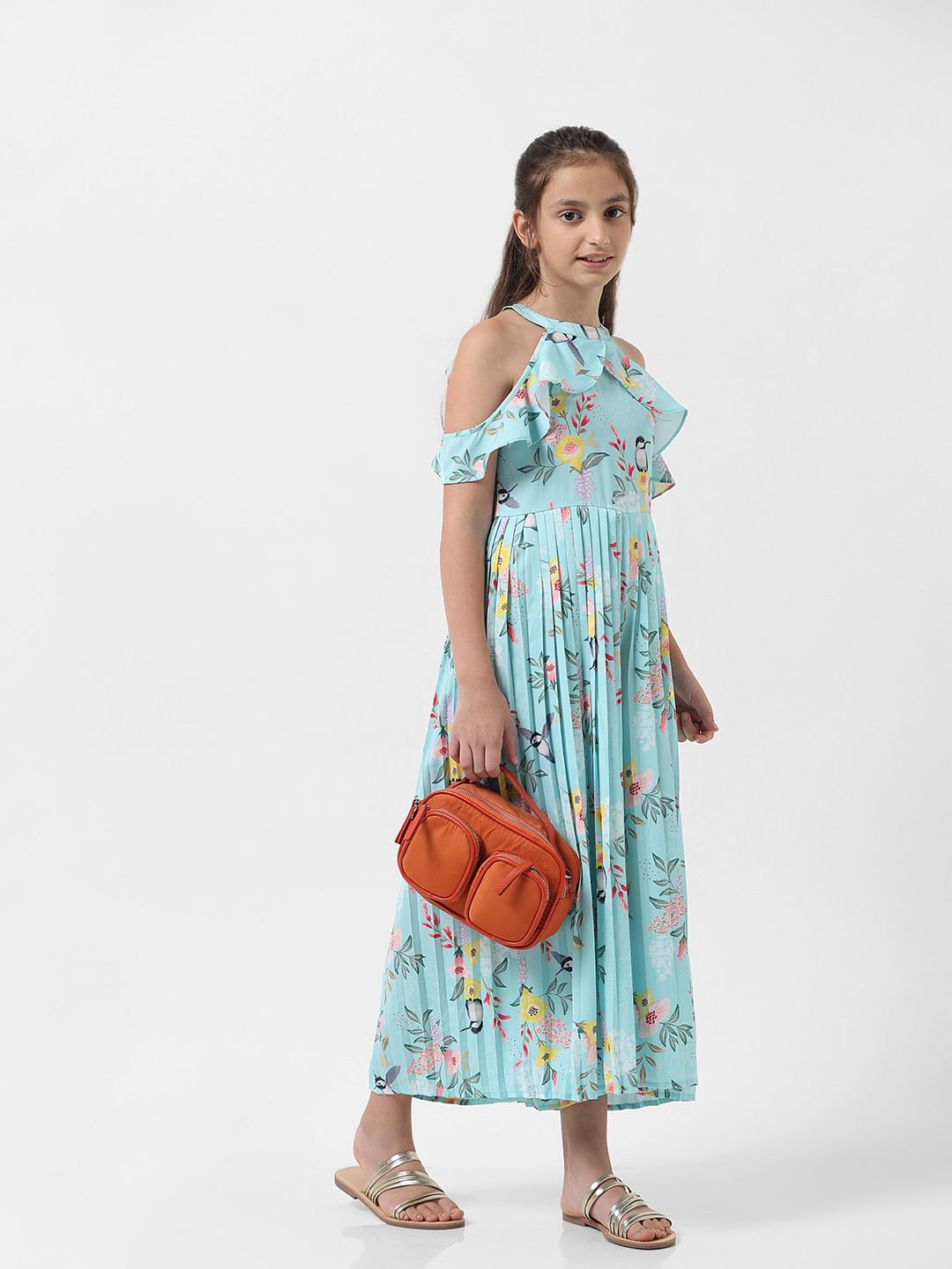 Girl Blue Floral Pleated Jumpsuit