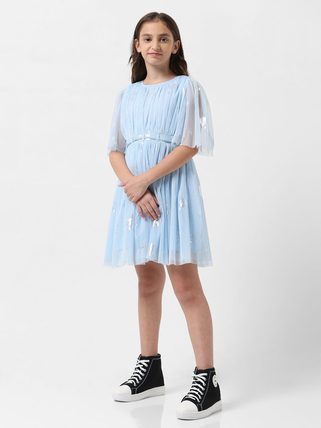 Girl Light Blue Mesh Fit & Flare Dress