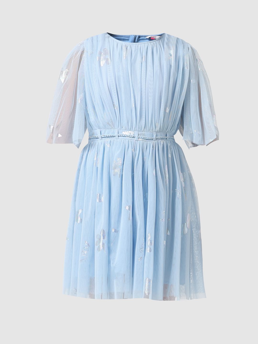 Girl Light Blue Mesh Fit & Flare Dress