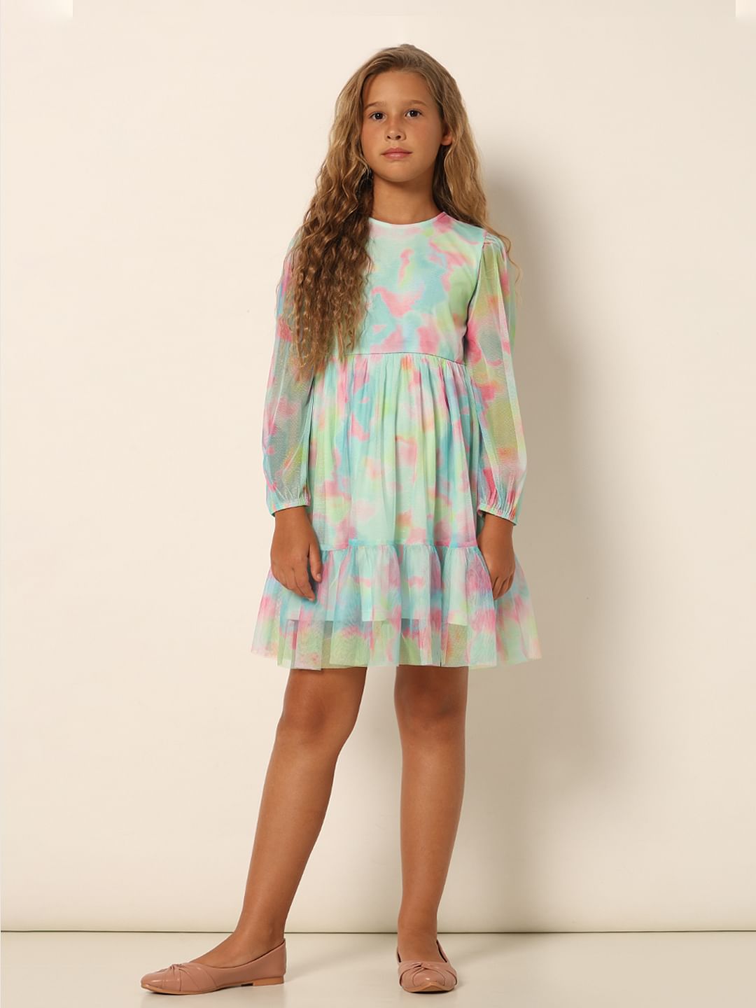 Girls Aqua Tie & Dye Fit & Flare Dress