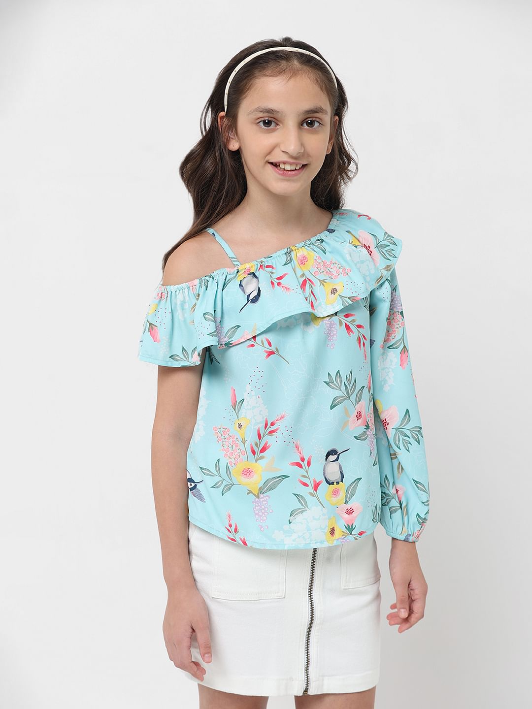 Girl Blue Floral Print One-Shoulder Top