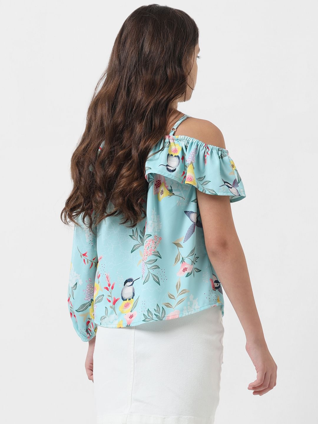 Girl Blue Floral Print One-Shoulder Top