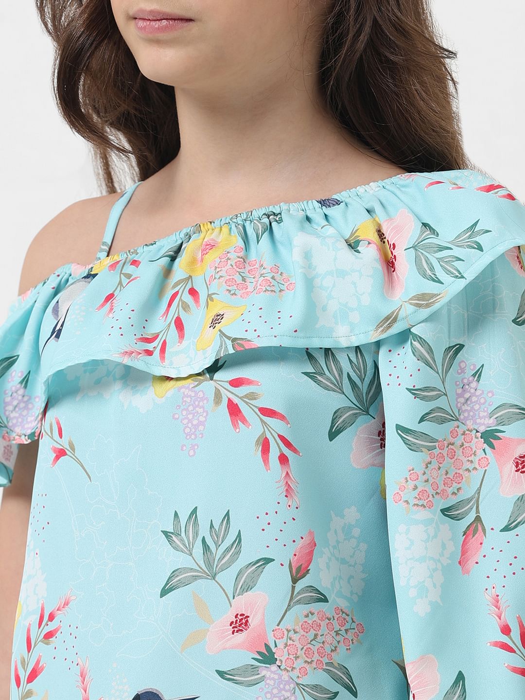 Girl Blue Floral Print One-Shoulder Top