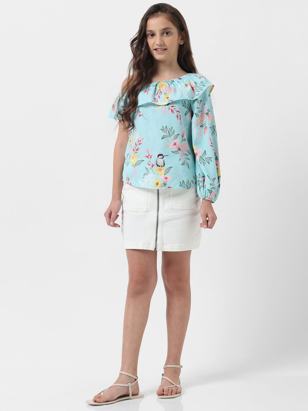 Girl Blue Floral Print One-Shoulder Top