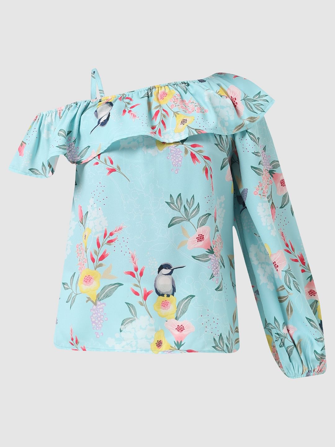 Girl Blue Floral Print One-Shoulder Top
