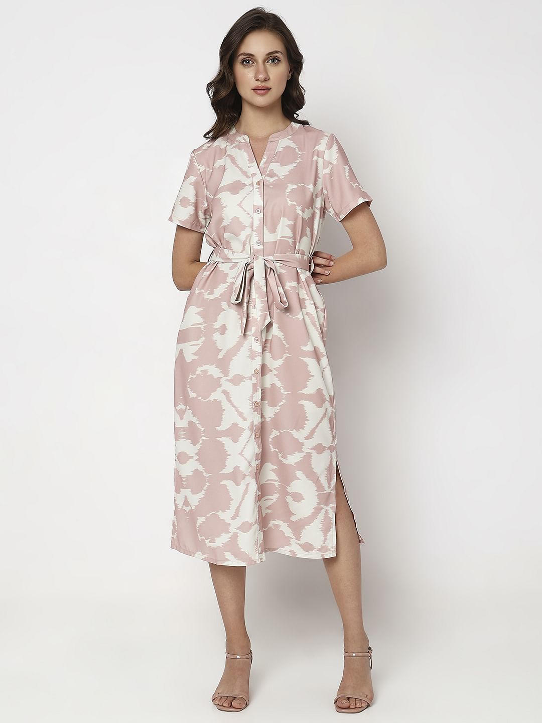 Pink Printed Midi Shirt Dress