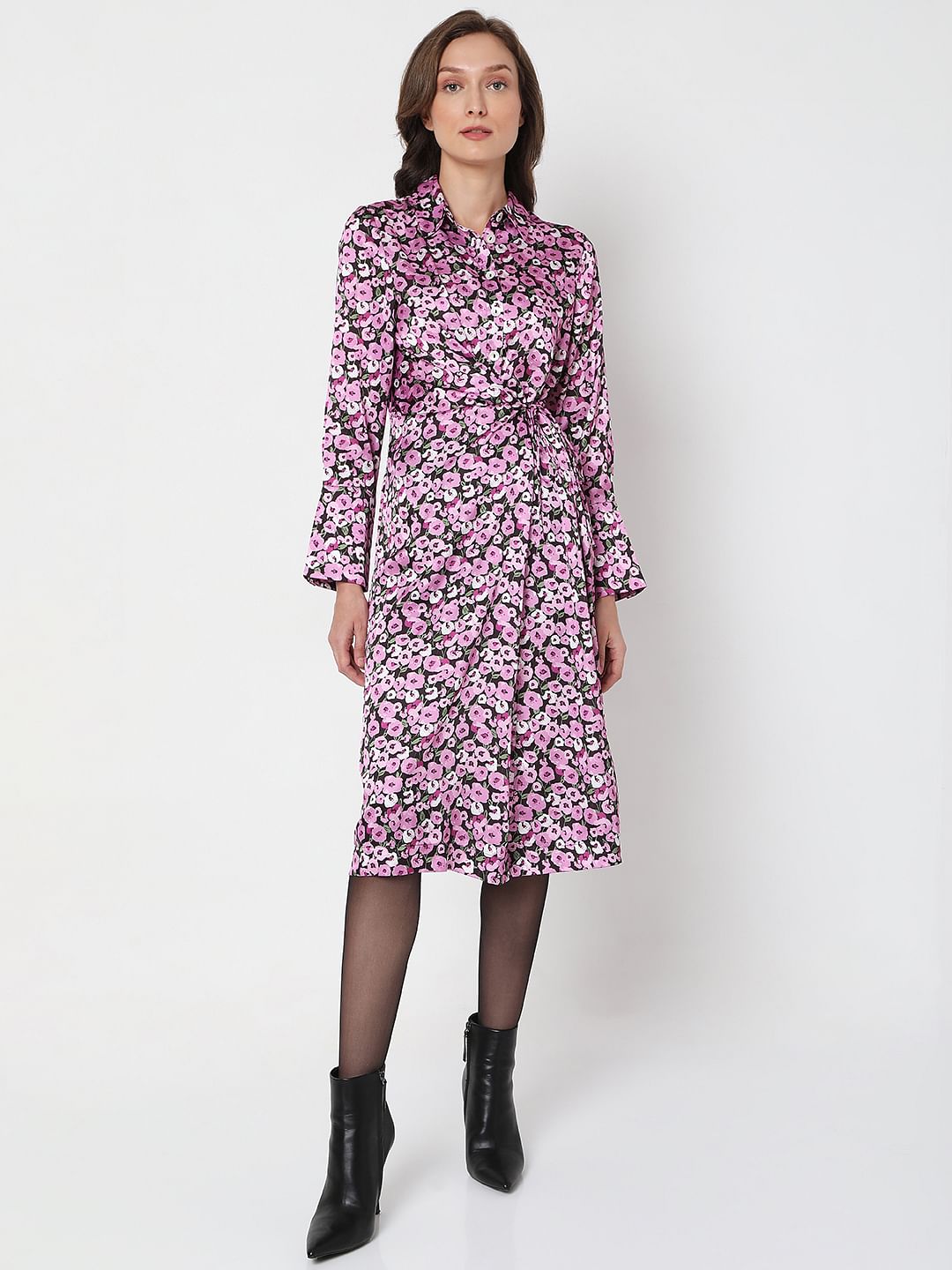 Purple Floral Print Shirt Dress