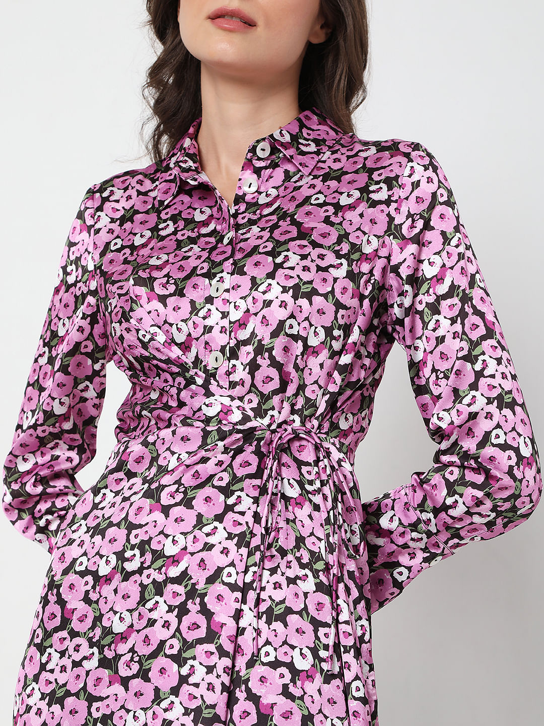 Purple Floral Print Shirt Dress