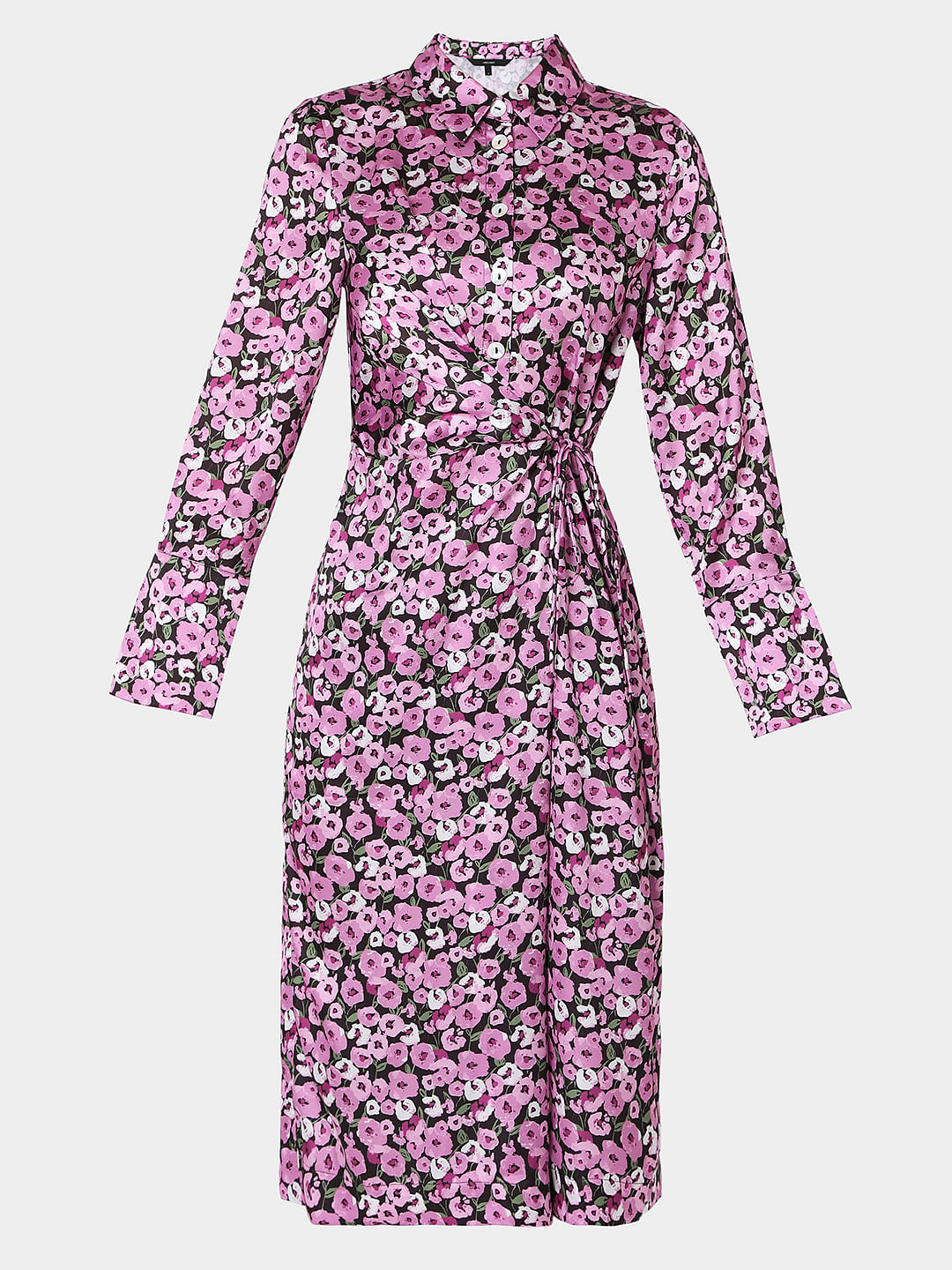 Purple Floral Print Shirt Dress