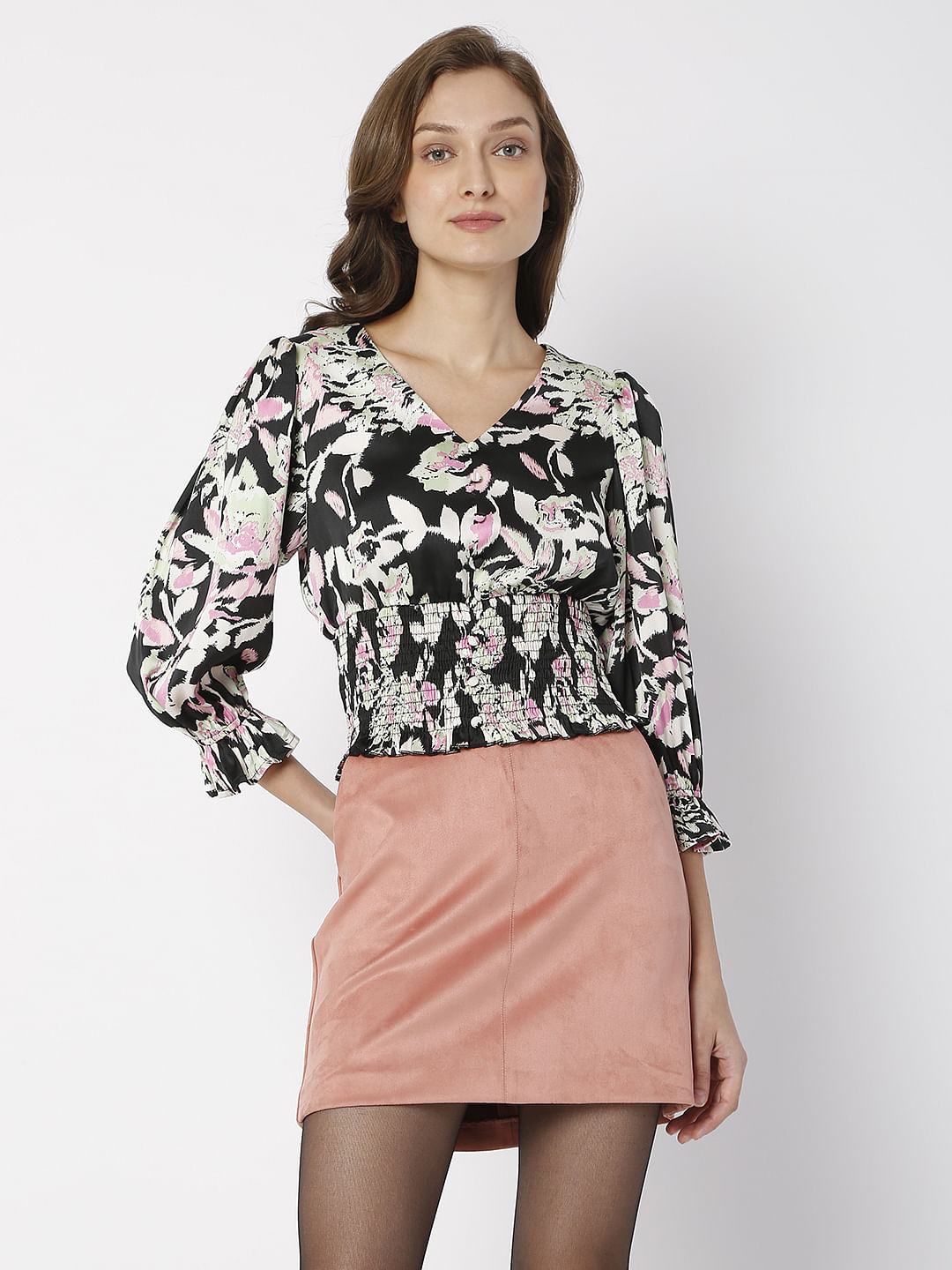 Black Floral Smock Co-Ord Set Top