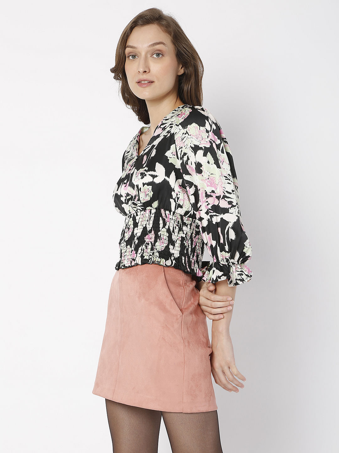 Black Floral Smock Co-Ord Set Top