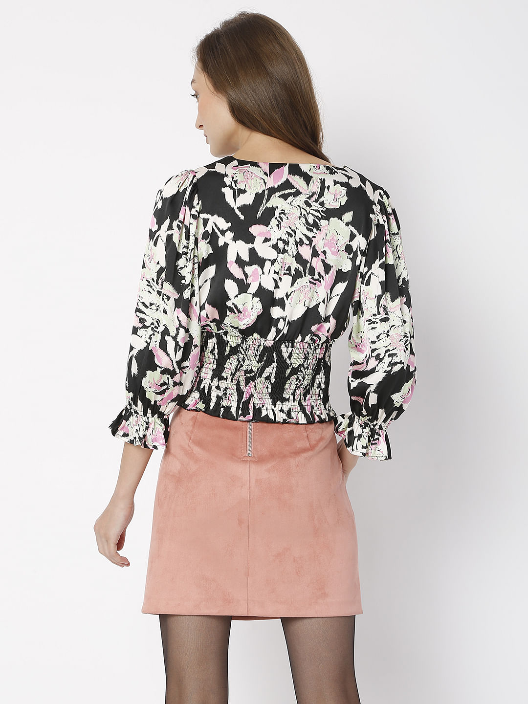 Black Floral Smock Co-Ord Set Top