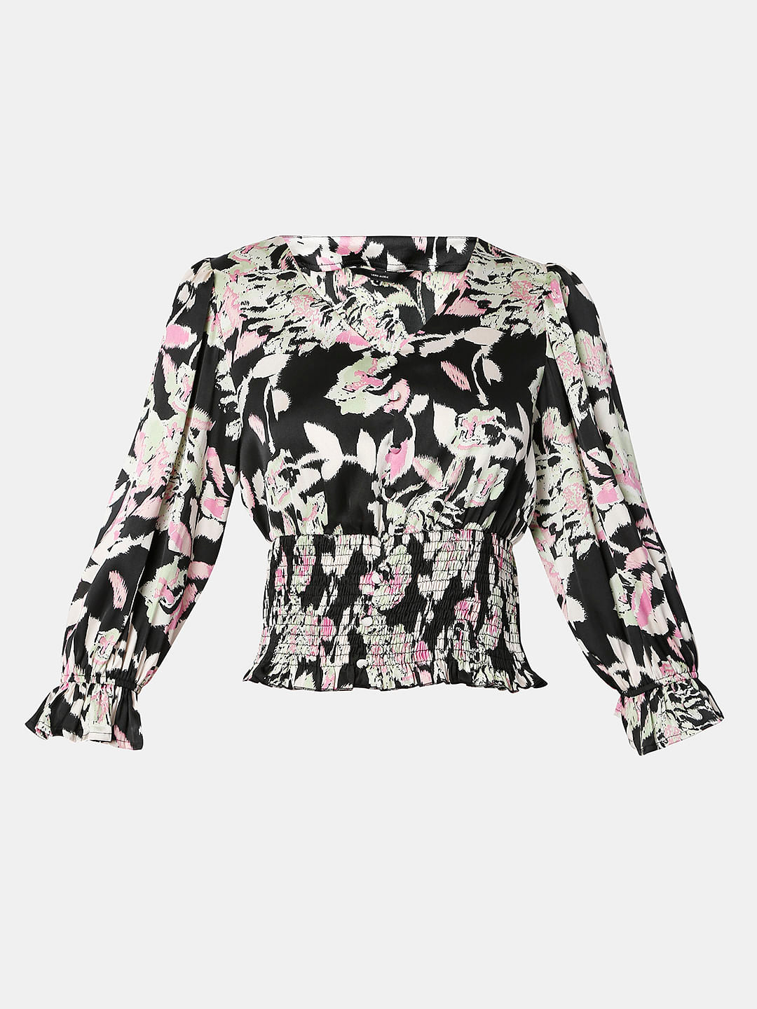 Black Floral Smock Co-Ord Set Top
