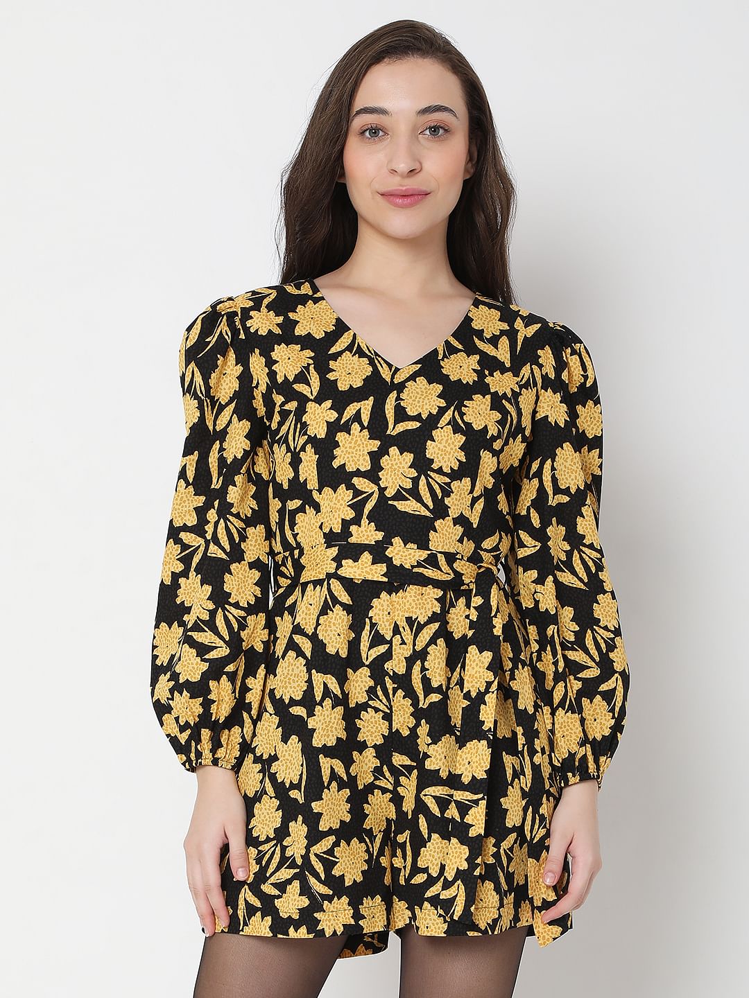 Black Floral Print Playsuit