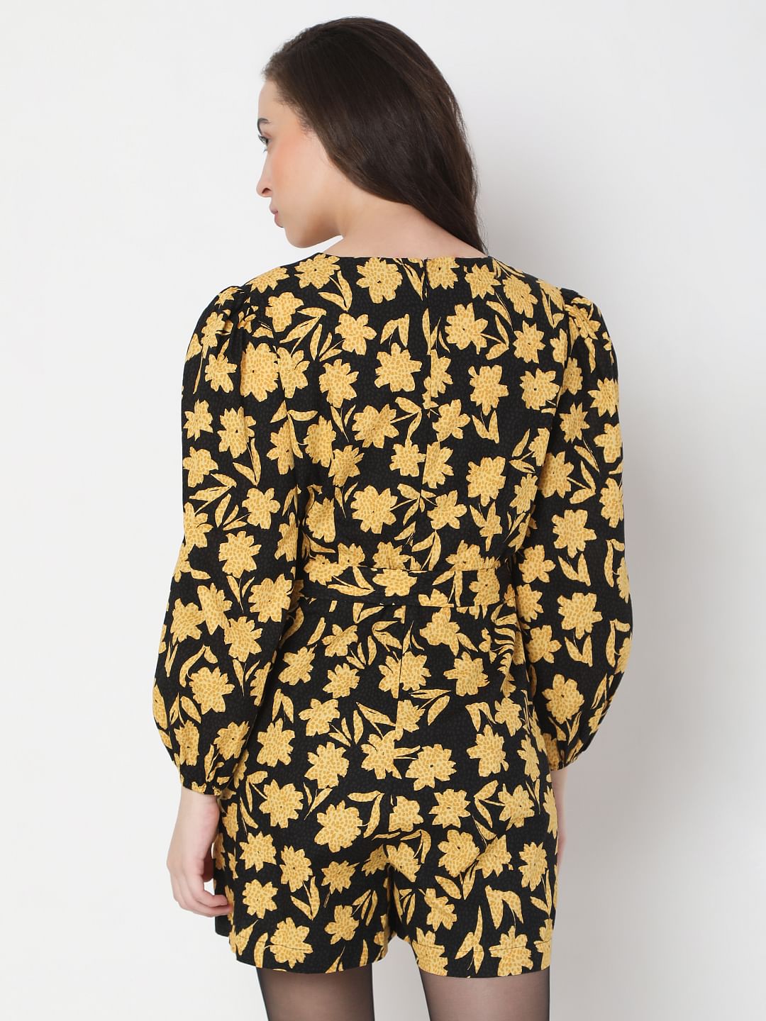 Black Floral Print Playsuit