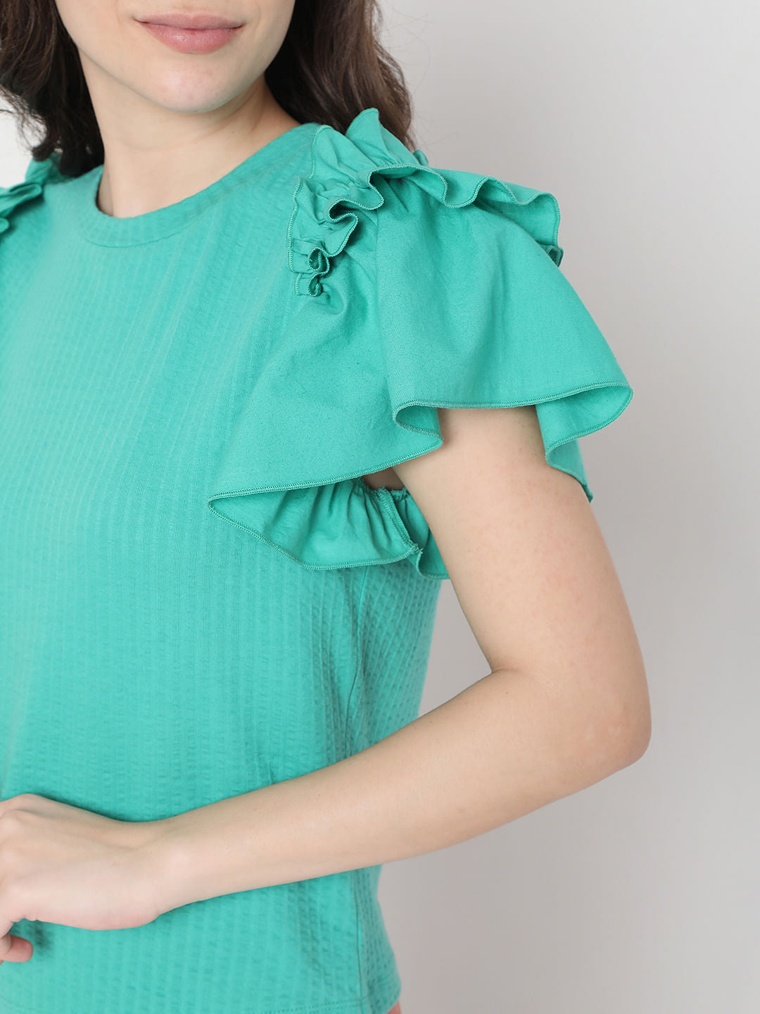 Green Ruffle Sleeves Top