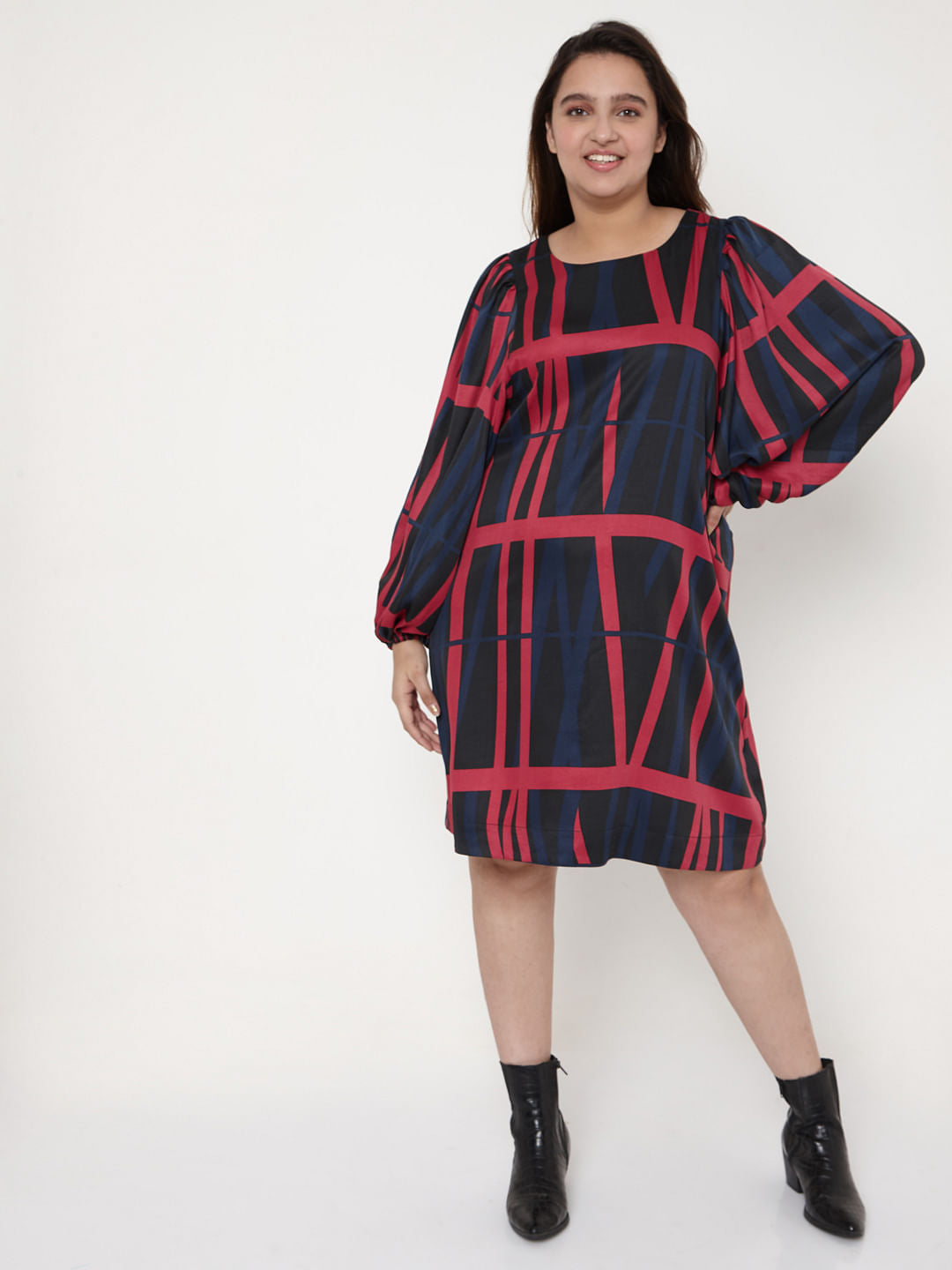 Curve Black Geometric Print Shift Dress