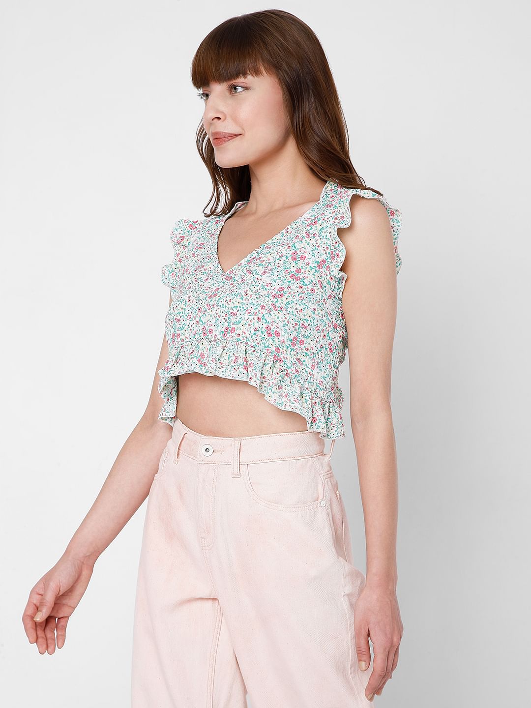 Green Floral Crop Top