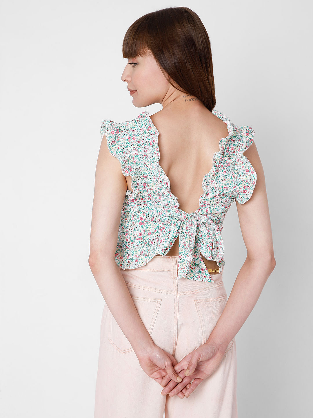 Green Floral Crop Top