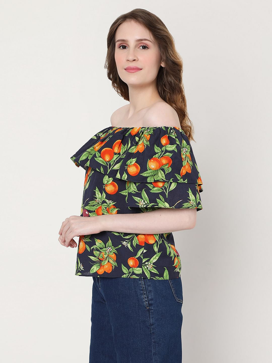 Blue Fruit Print Off Shoulder Top
