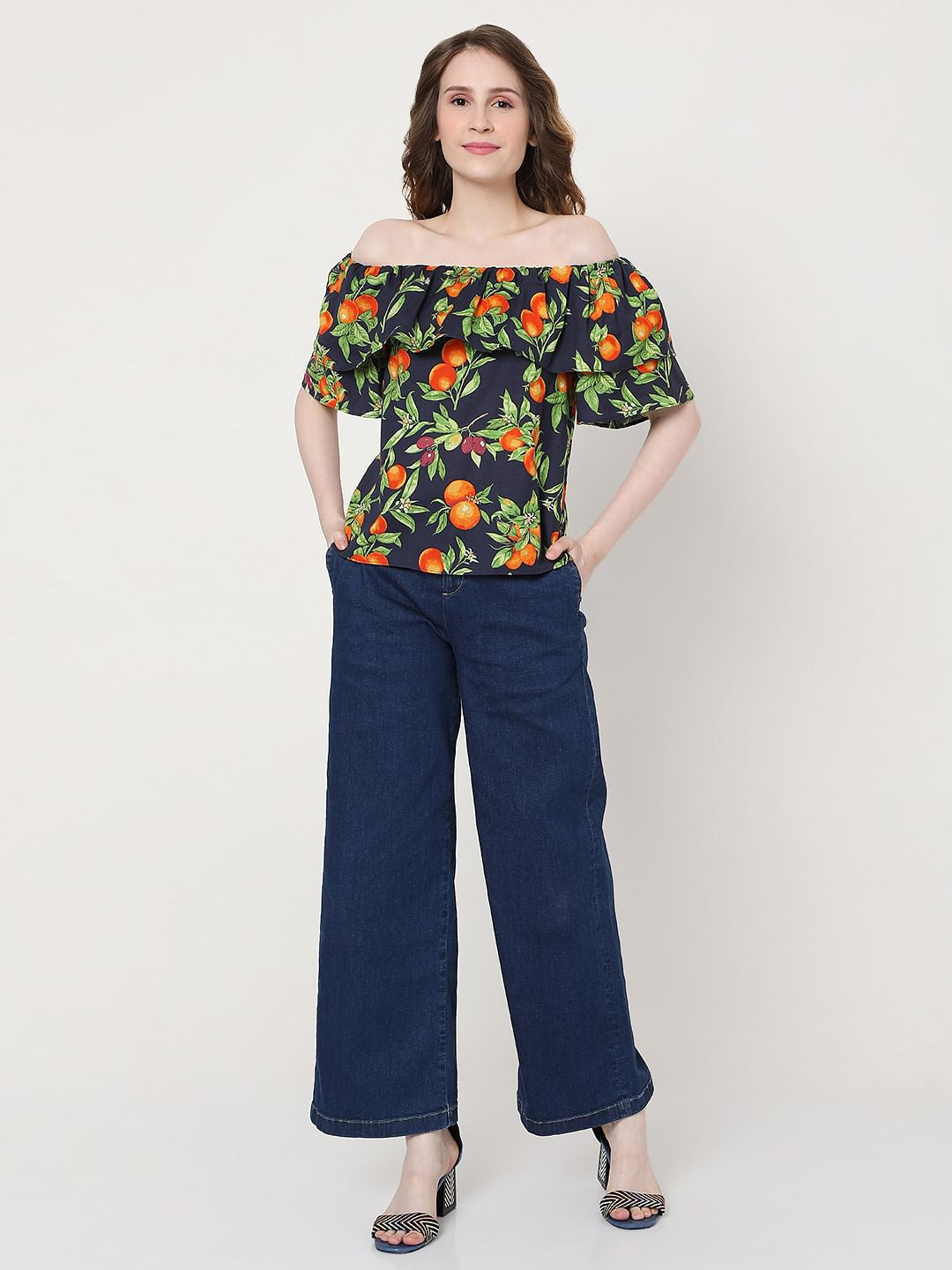 Blue Fruit Print Off Shoulder Top