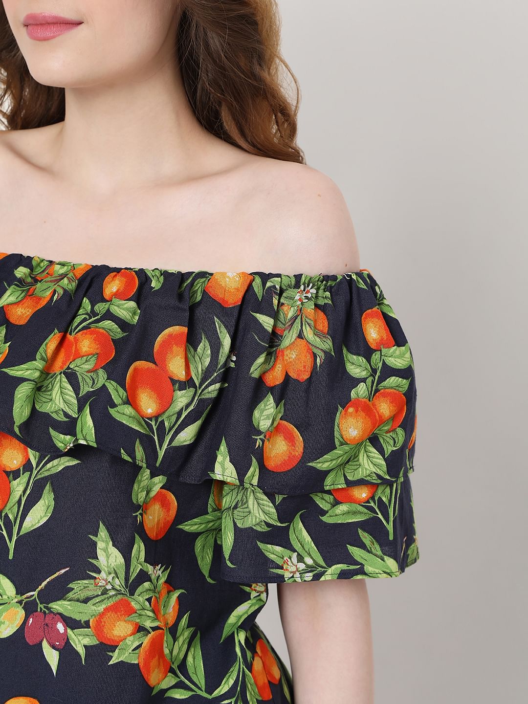 Blue Fruit Print Off Shoulder Top