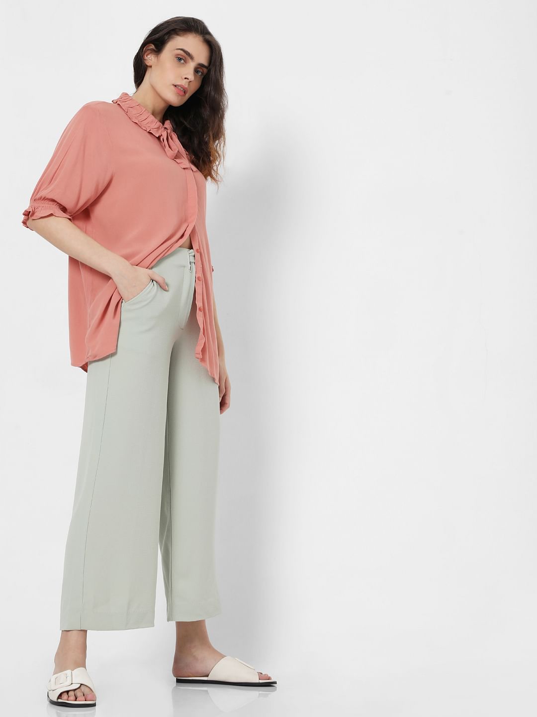 Green Mid Rise Wide Leg Pants