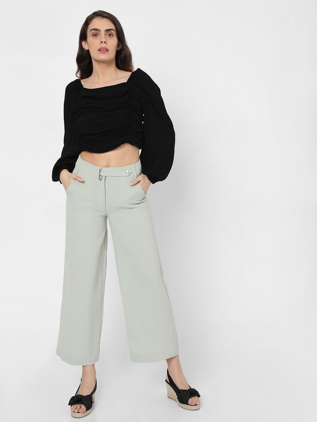 Green Mid Rise Wide Leg Pants