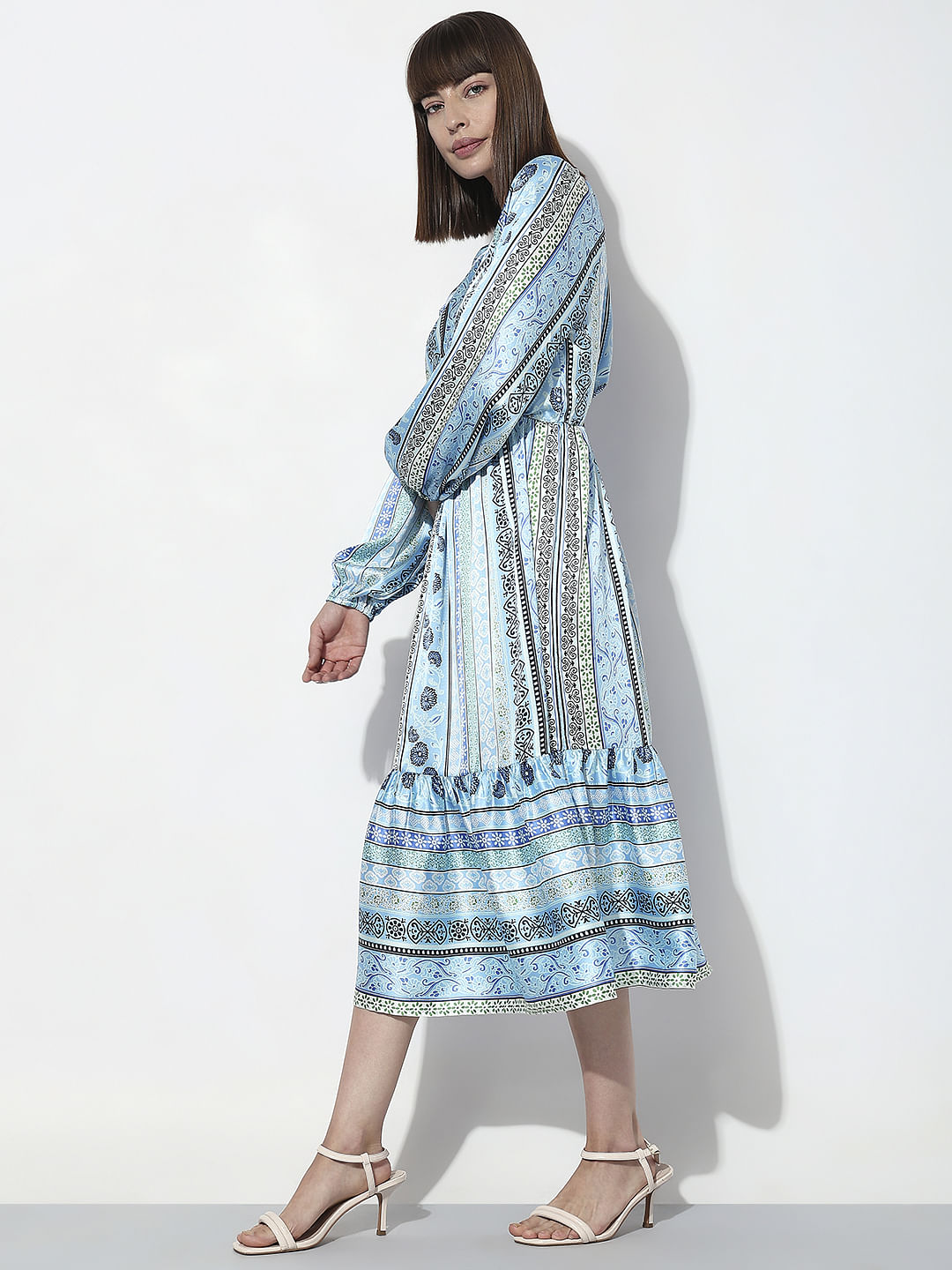 Blue Printed Satin Midi Dress