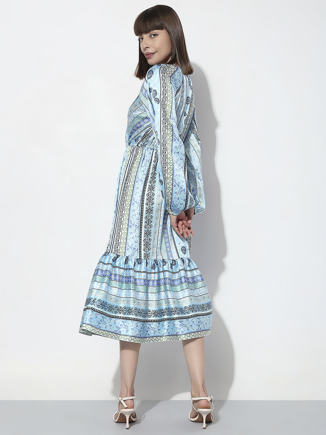 Blue Printed Satin Midi Dress