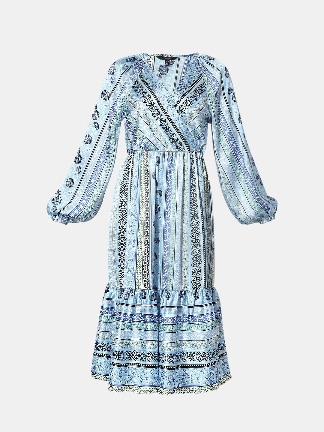 Blue Printed Satin Midi Dress