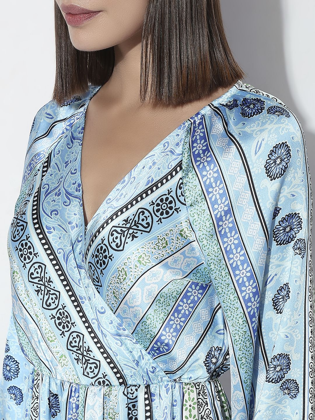 Blue Printed Satin Midi Dress