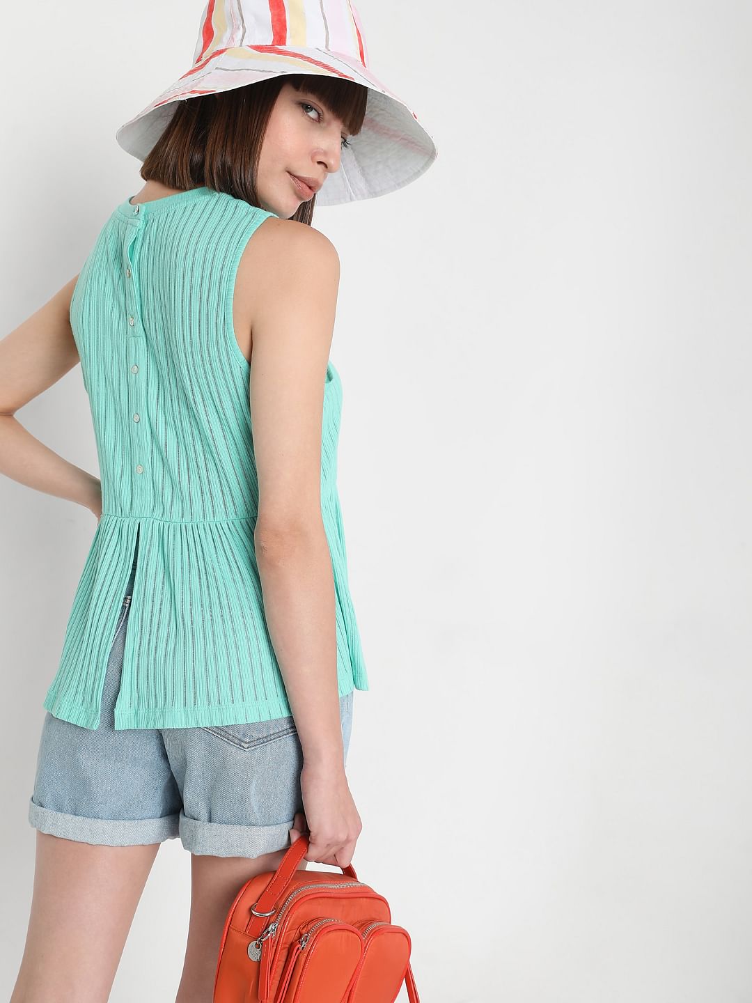 Green Ribbed Peplum Top