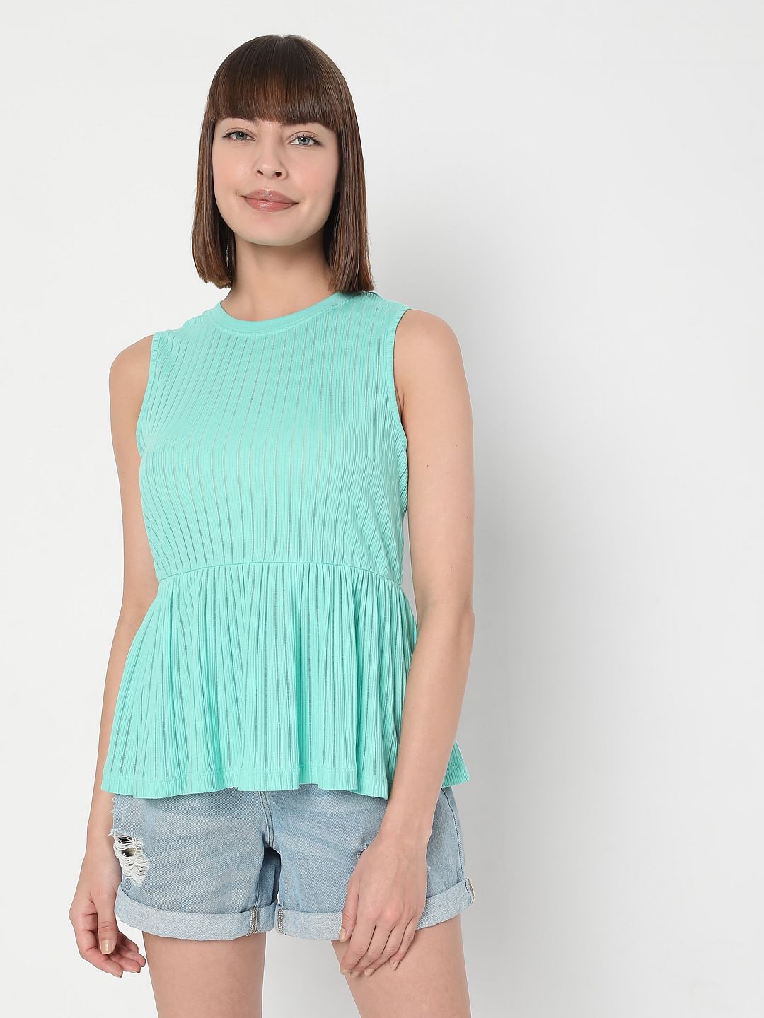 Green Ribbed Peplum Top