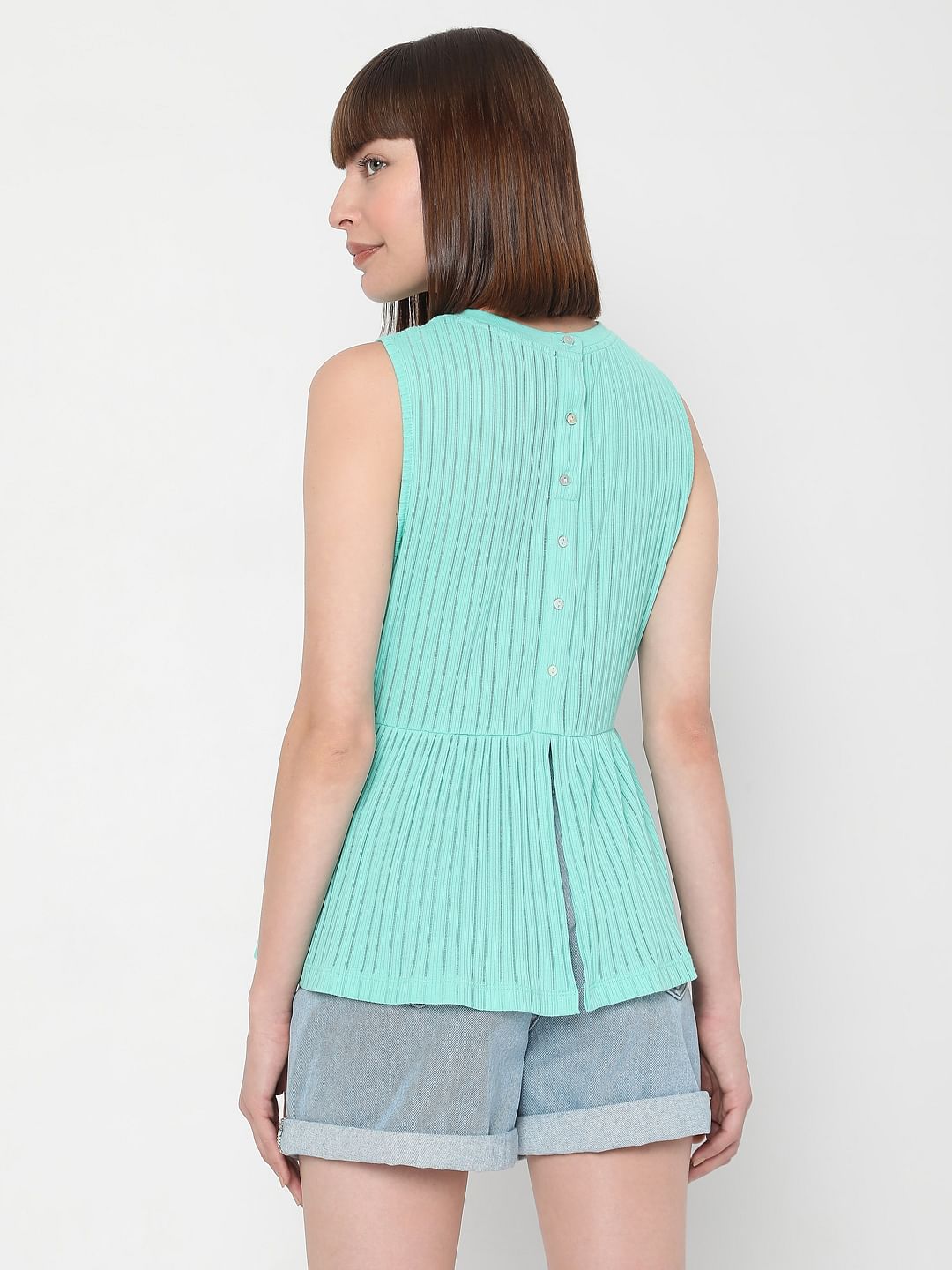 Green Ribbed Peplum Top
