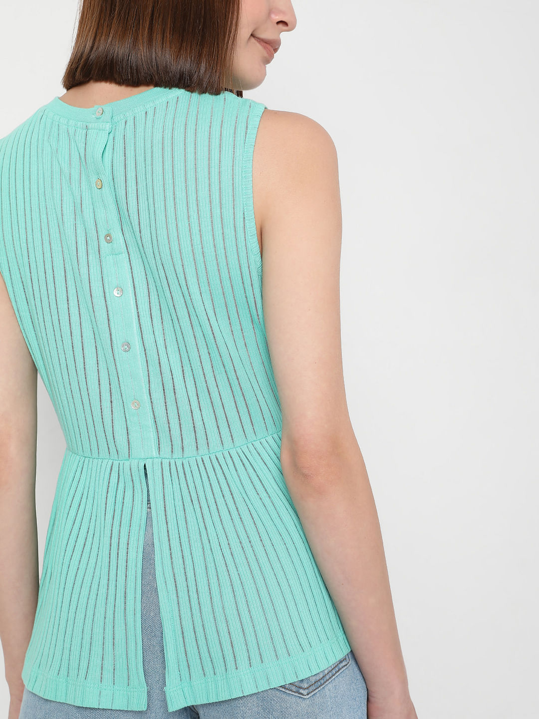 Green Ribbed Peplum Top