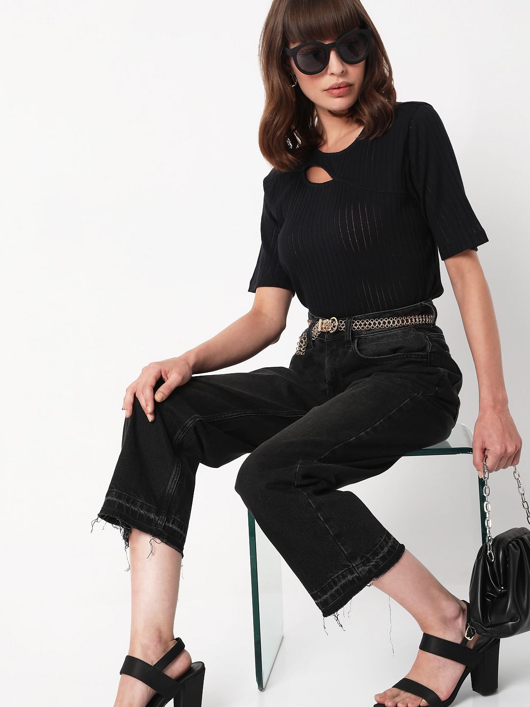 Black Ribbed Cut Out Top