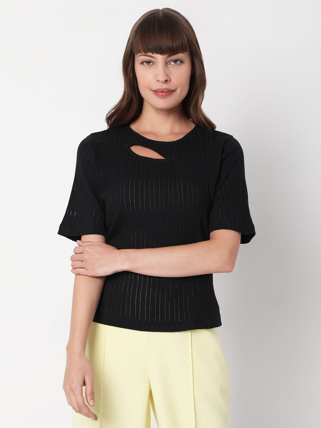 Black Ribbed Cut Out Top