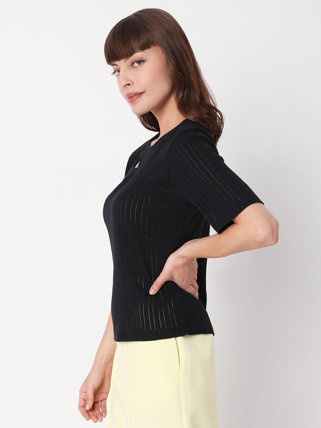 Black Ribbed Cut Out Top