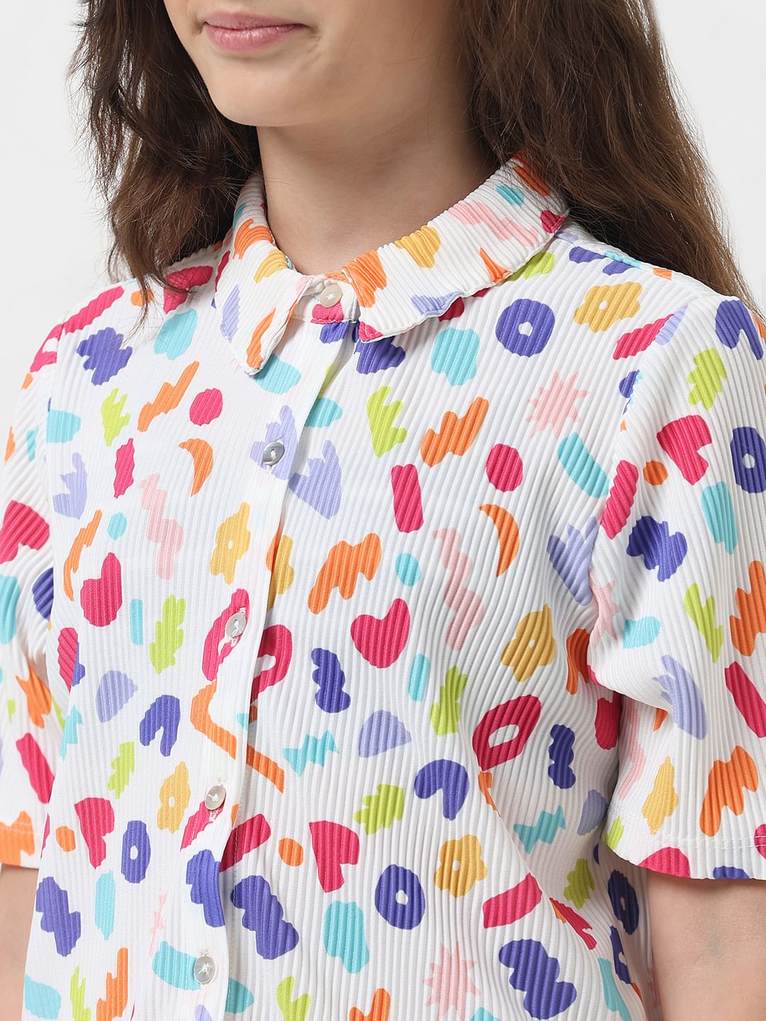 Girl White Pleated Printed Shirt