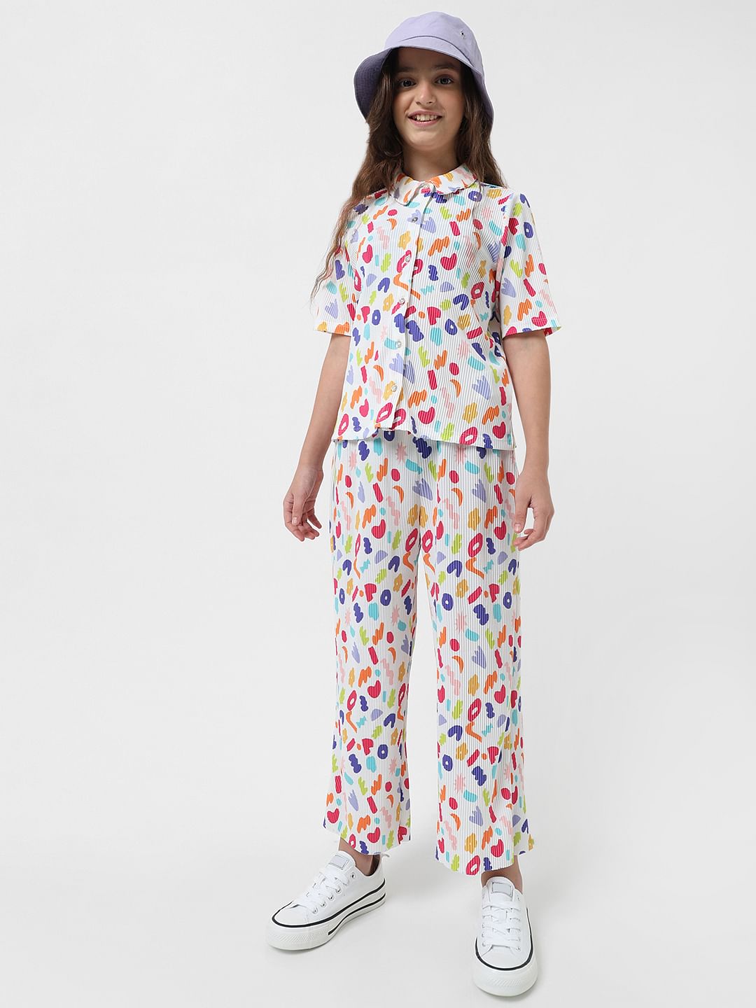 Girl White Pleated Printed Shirt