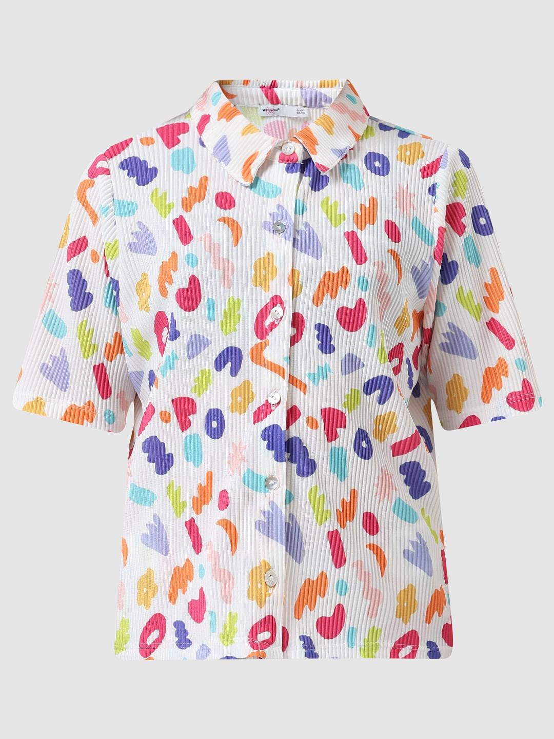 Girl White Pleated Printed Shirt