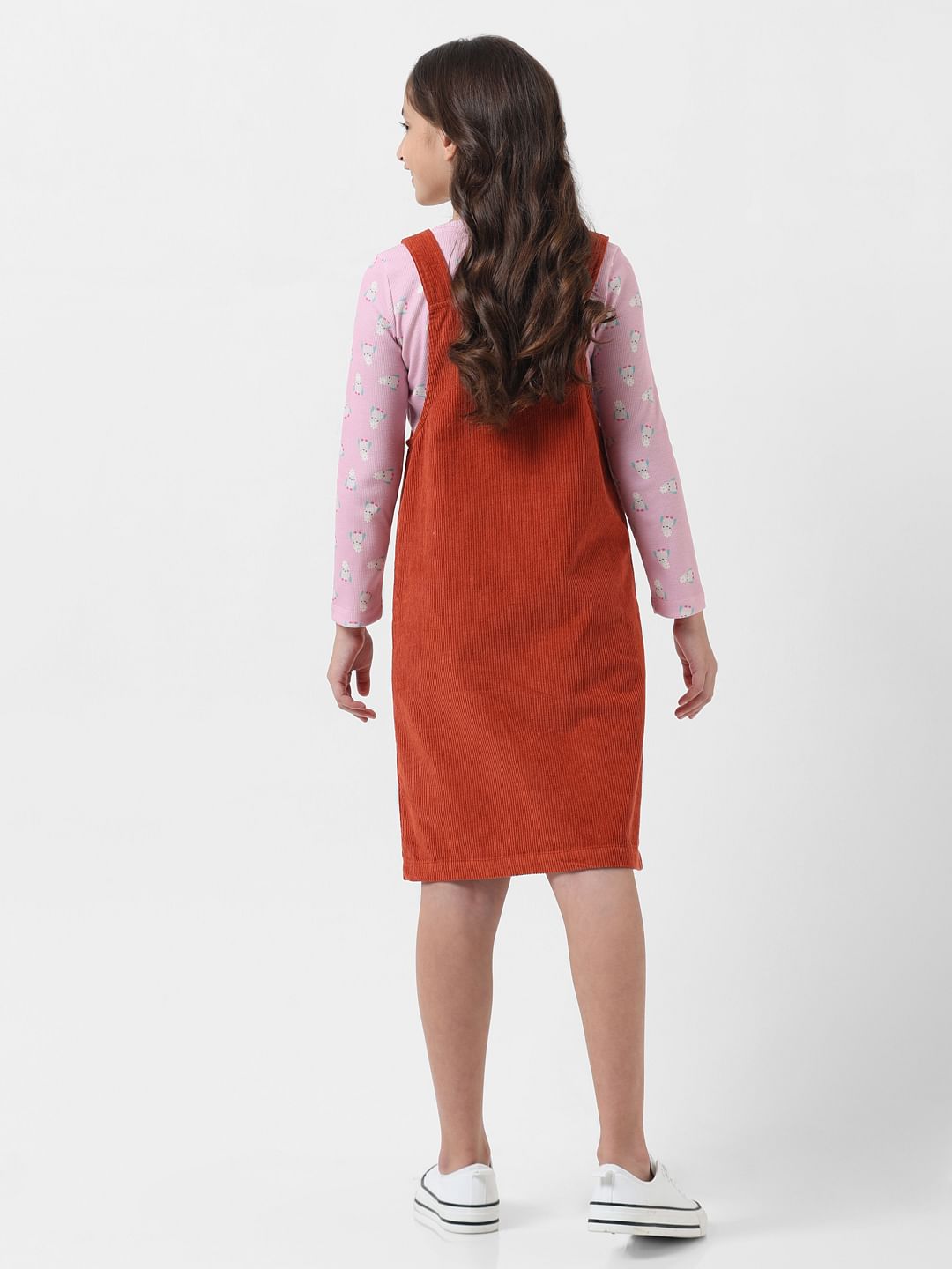 Girl Brick Red Corduroy Dungaree Dress