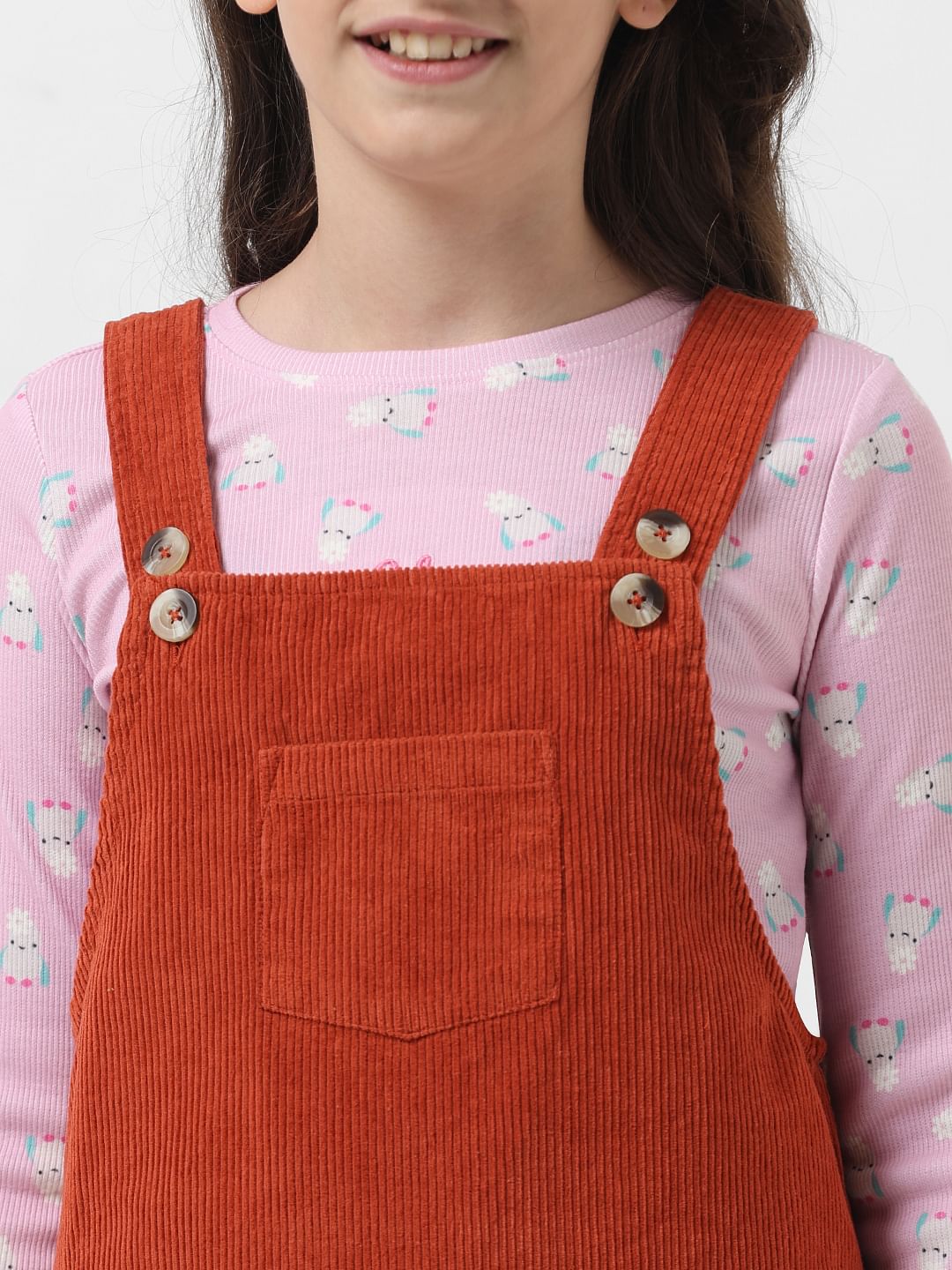 Girl Brick Red Corduroy Dungaree Dress