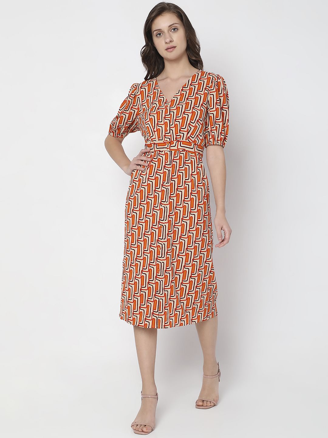 Orange Printed Midi Dress