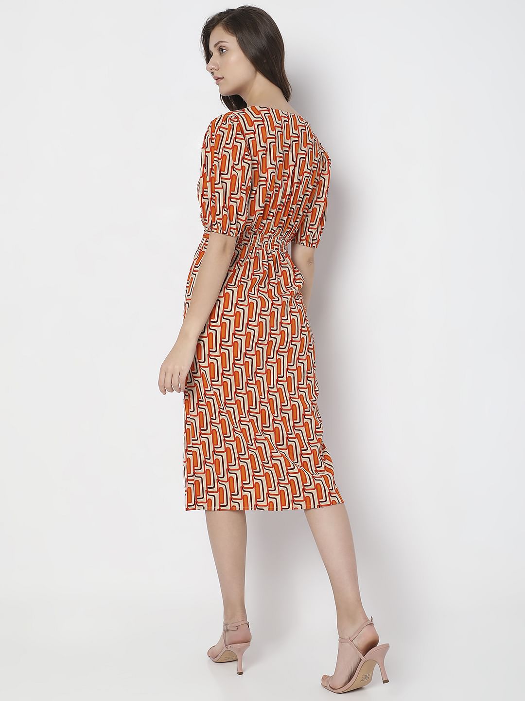 Orange Printed Midi Dress