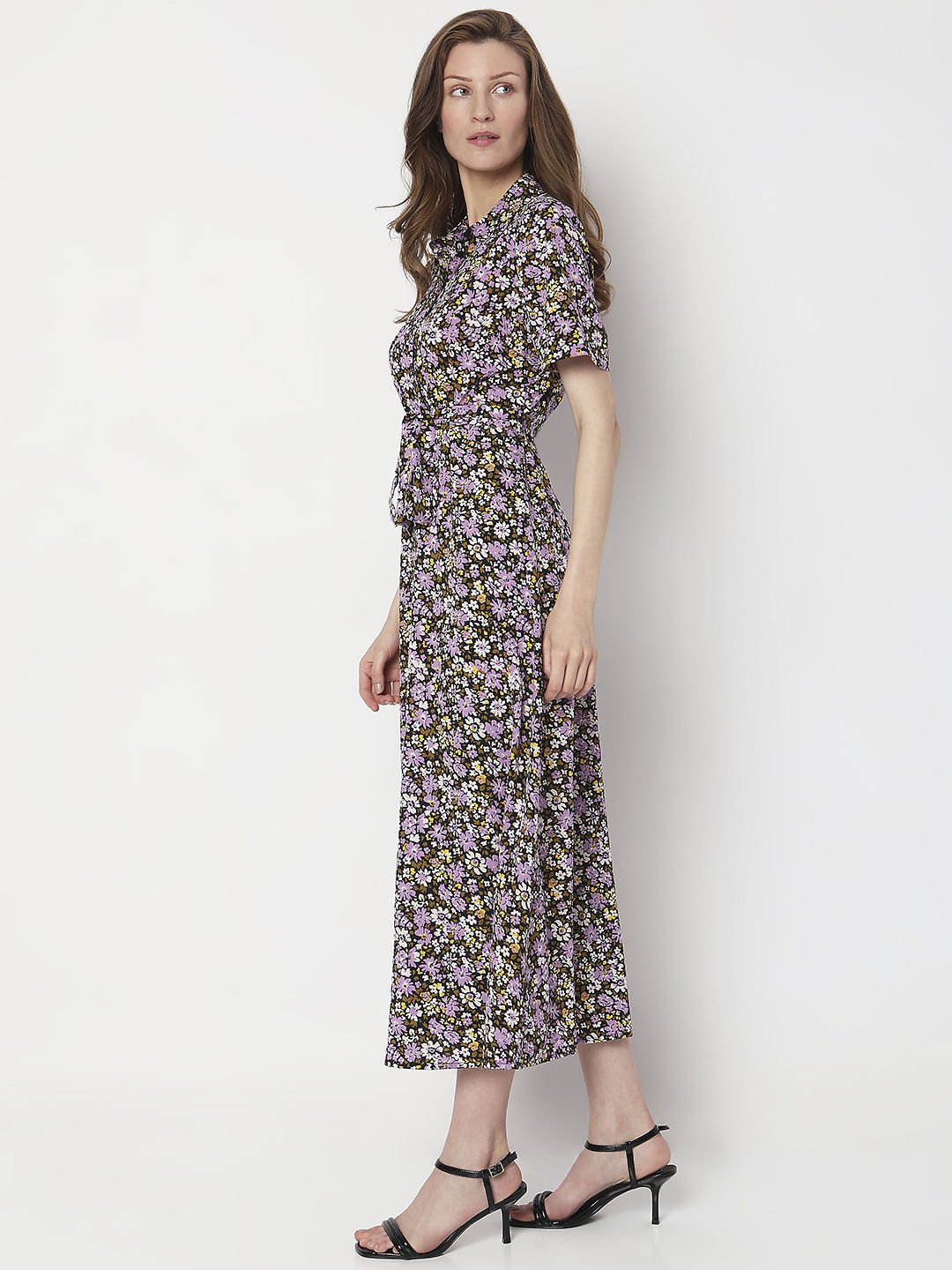 Purple Floral Print Shirt Dress