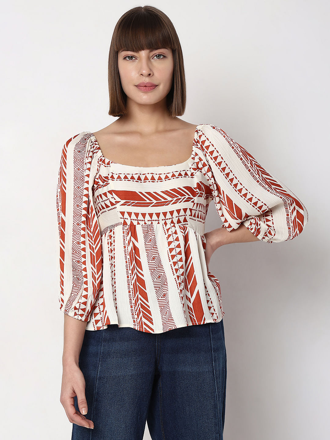 Orange Aztec Print Satin Peplum Top