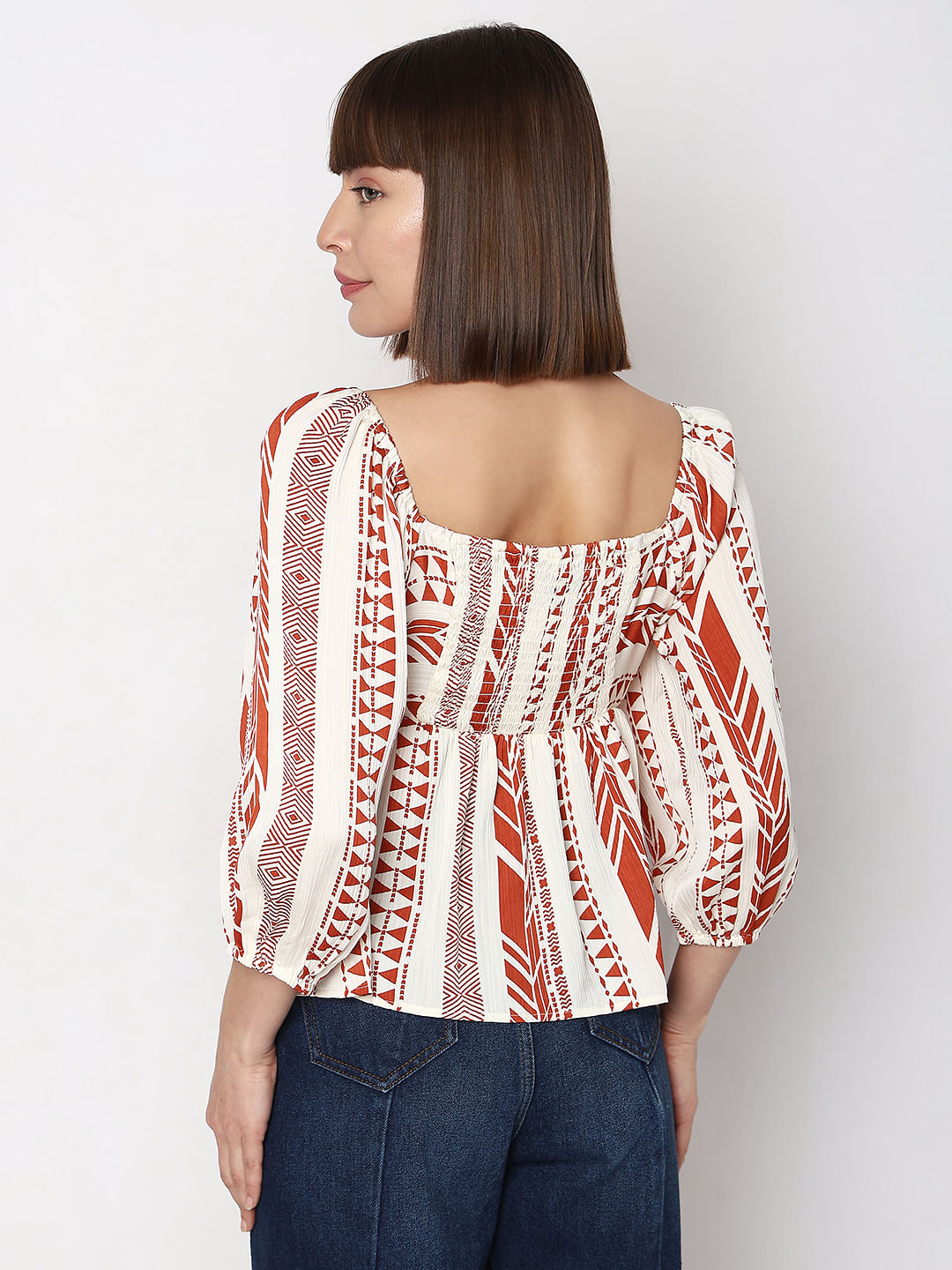 Orange Aztec Print Satin Peplum Top