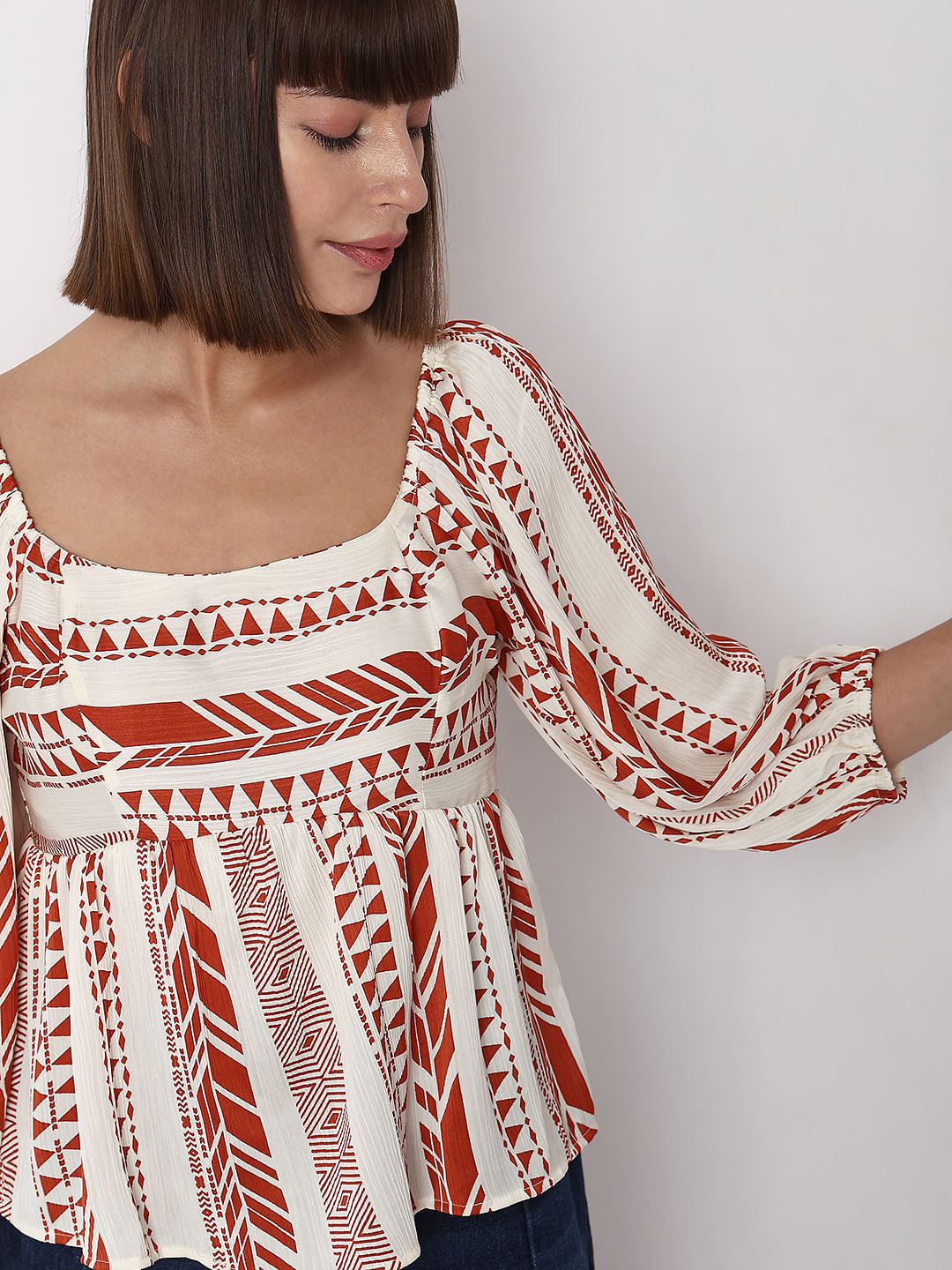 Orange Aztec Print Satin Peplum Top